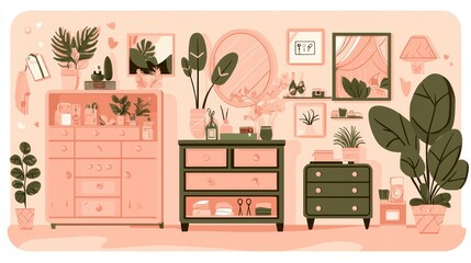 A cozy, plant-filled room featuring stylish furniture and decorative elements.