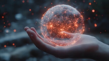 Hand holding a transparent glowing sphere with intricate network design and abstract energy against a dark background