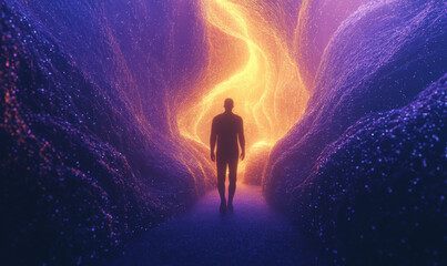 Fototapeta premium Human Silhouette in a center of Abstract glowing Energy waves flowing through a dark cosmic background.