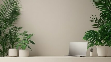 A minimalist workspace featuring plants and a laptop on a simple desk against a neutral wall.