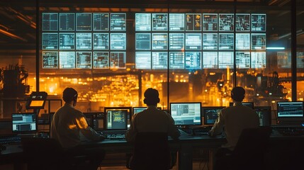 Workers monitoring a gold extraction process in a high-tech control room.