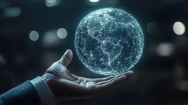 Hand showcasing a glowing digital globe with a network pattern and soft light in a minimalistic dim background