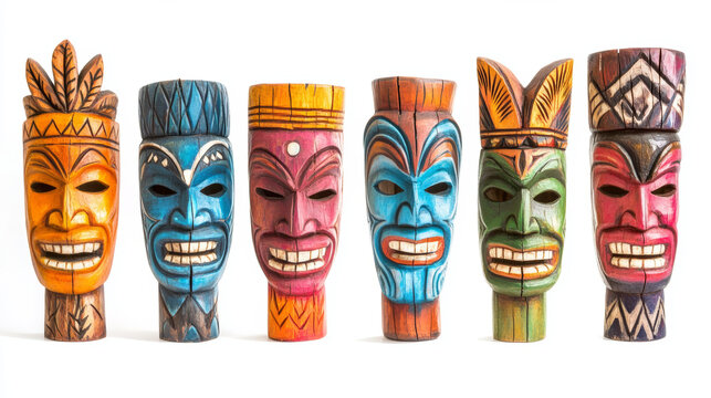 Hawaiian tribal totems with tiki masks on poles. Polynesian god wooden statues, colored native african tikki masks isolated on white background, vector cartoon set