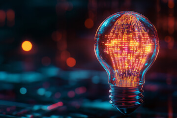 Light bulb with glowing binary code inside, symbolizing ideas and innovation in the digital age. Concept of digital marketing, artificial intelligence or smart technology.