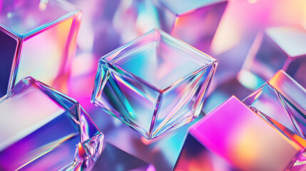 Abstract geometric shape with hologram effect. Realistic 3d render vector illustration set of flying metal or glossy plastic design elements with holographic light. Floating iridescent gradient figure