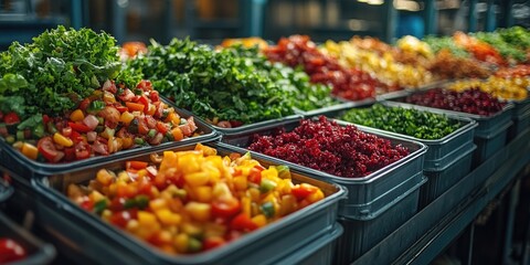 Obraz premium Fresh produce assortment, various vegetables and fruits displayed on trays