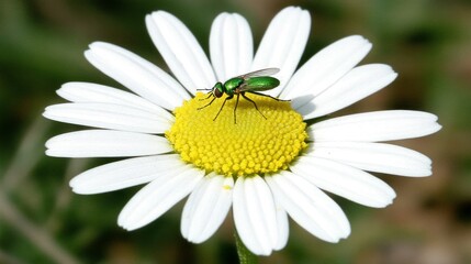 Fototapeta premium A close-up of a green insect resting on a daisy flower, showcasing nature's beauty.