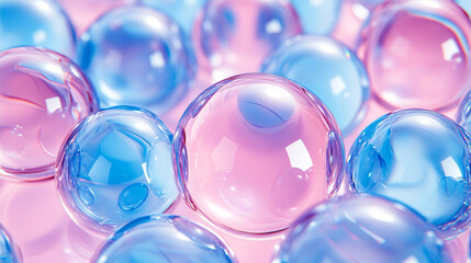 Shiny glass spheres, transparent crystal balls. Vector realistic set of 3d blue and pink clear orbs, glossy soap bubbles. Glossy translucent circles with reflections isolated on background