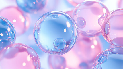 Shiny glass spheres, transparent crystal balls. Vector realistic set of 3d blue and pink clear orbs, glossy soap bubbles. Glossy translucent circles with reflections isolated on background