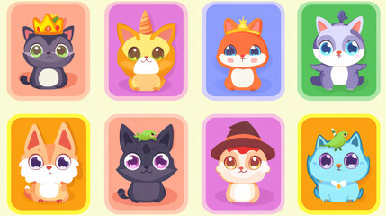 Round animal character game avatars design. Set of cute borders with fantasy cat tail, fox ears, frog eyes, magic pony crown, angel wings, witch hat and broomstick decor. Cartoon vector illustration