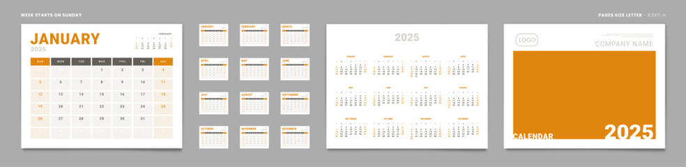 Fototapeta premium Set of 2025 Pages Monthly Calendar Planner Templates, Cover with Place for Photo, Company Logo, annual. Design of Vector Calendar Pages size Letter -8.5x11 in ready on print. Week start on Sunday