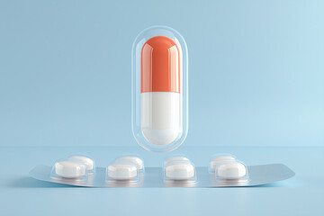 Modern medicine and innovation in drug delivery systems. Red and white capsule levitating above a blister pack of white pills on a blue background.