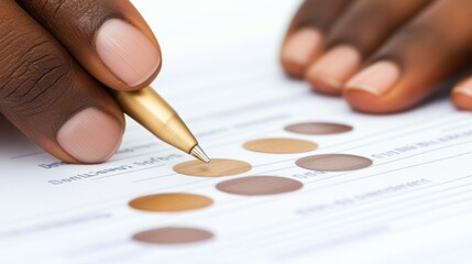 A hand selecting a skin tone shade on a color matching chart with a pen.