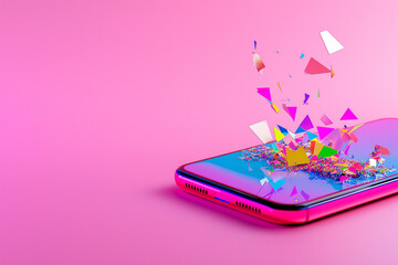 Smartphone exploding into colorful geometric shards on pink background. Ideal for promoting technology, digital apps, or celebrating innovation and connectivity.