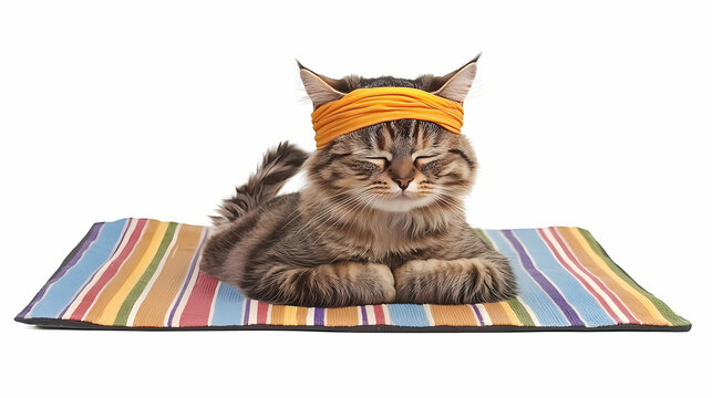An ashen cat in a headband is doing yoga exercises on a striped fitness mat. zen cat. white background. isolated. Ashen. Illustration