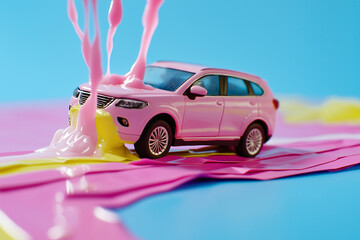 Pink toy car covered in dripping paint on a colorful background. Advertising banner for roadside assistance companies, car insurance campaigns, a car services, paint shops or car paint products.