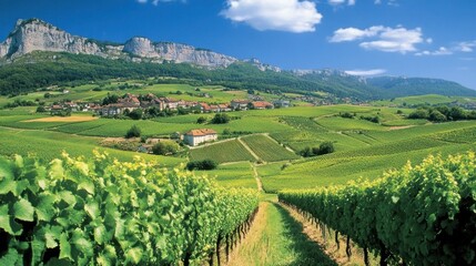 Lush vineyard landscape with rolling hills and a clear blue sky.