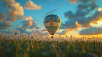 Fototapeta premium A small hot air balloon drifts gently above a vibrant dandelion field during sunset, bathed in warm light with a clear blue sky dotted with soft clouds, creating a serene atmosphere