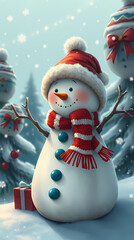 Greeting card image of a strangely cute Christmas snowman, winter wonderland. 