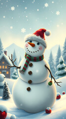 Fototapeta premium Greeting card image of a strangely cute Christmas snowman, winter wonderland. 