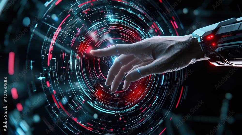 Poster futuristic interaction with holographic interface virtual space digital art sci-fi environment close