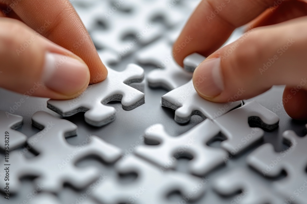 Poster close-up of a person placing a puzzle piece, great for illustrating problem-solving or creativity co