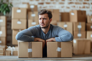 Man struggling with back pain after lifting heavy boxes in a warehouse