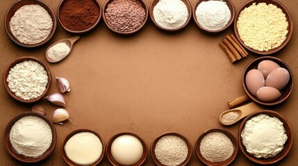 A collection of various ingredients arranged in bowls for cooking or baking.