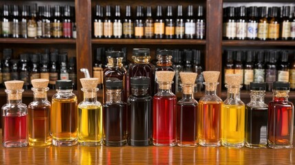 A collection of bottles filled with various liquids displayed on a wooden shelf.
