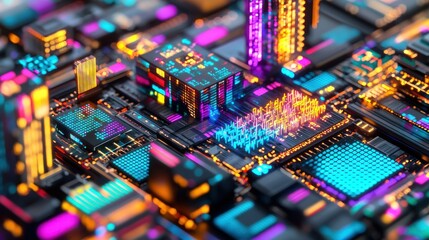 A vibrant, abstract representation of a circuit board with colorful lights and patterns.