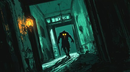 A dark, eerie hallway with a shadowy figure and glowing eyes creates a suspenseful atmosphere.