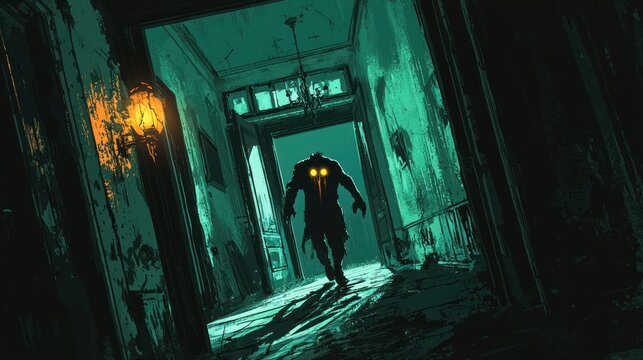 A dark, eerie hallway with a shadowy figure and glowing eyes creates a suspenseful atmosphere.