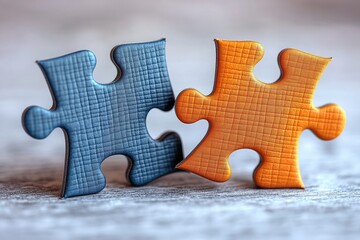 Fototapeta premium Two puzzle pieces sit side by side, ready to be completed