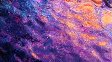 A vibrant, swirling abstract design in shades of purple and orange, evoking fluidity and motion.
