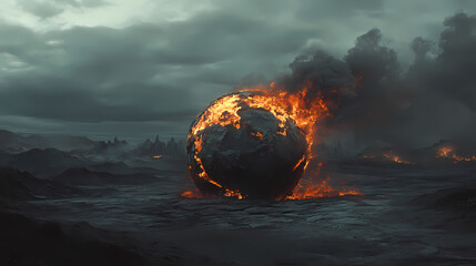 Burning earth: a fiery globe, engulfed in flames, rests on a barren, ashen landscape. a stark and powerful reminder of the destructive impact of climate change on our planet. Ashen. Illustration