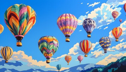 Fototapeta premium A vibrant illustration of colorful hot air balloons on a blue sky