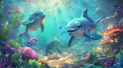 Two dolphins swim playfully in a vibrant coral reef teeming with colorful fish, sea turtles, and plants.