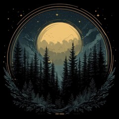 Mystical moonlit forest scene with tall evergreen trees, nestled in mountains under a large full moon and starry night sky, framed in a circular design.