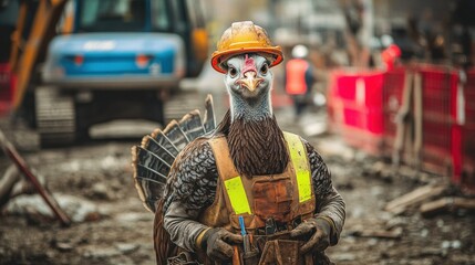 A whimsical turkey dressed in construction gear at a worksite.