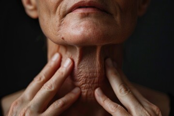 Fototapeta premium A woman stands with her hands placed on her chest in a contemplative pose