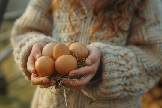 Young woman farmer collecting fresh organic eggs on chicken farm. Floor cage free poultry farming - Powered by Adobe