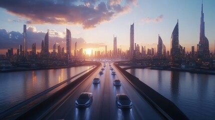 Obraz premium A futuristic cityscape at sunset with autonomous vehicles on a highway.