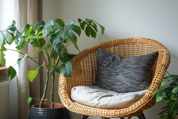 Fototapeta premium Cozy home decor scene featuring a comfortable chair, plush pillow, and a small potted plant