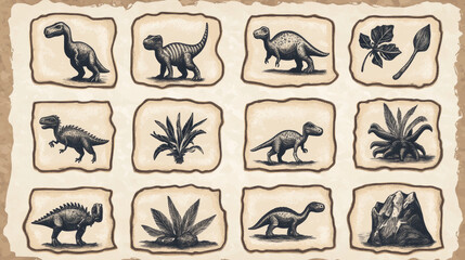 Naklejka premium Fossil dinosaur archaeology stone vector icon set. Sea animal and ancient plant stamp texture drawing isolated cartoon illustration collection. Dig insect and shell impression silhouette clipart
