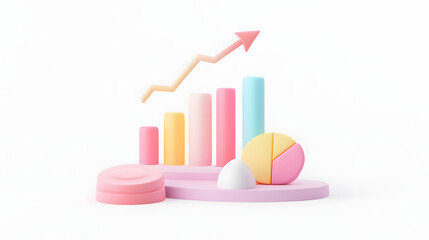 lying composition 3d icon, UI icon, a chart icon, bar chart has a rising arrow on it, bar chart, pie chart, a rising arrow, frosted glass, transparent, white background, transparent technology sense