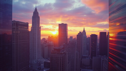 Fototapeta premium Panoramic Skyline View of a Vibrant City During a Stunning Sunset, Showcasing Hues of Gold and Pink Over Skyscrapers