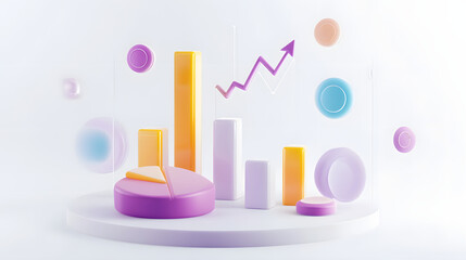 lying composition 3d icon, UI icon, a chart icon, bar chart has a rising arrow on it, bar chart, pie chart, a rising arrow, frosted glass, transparent, white background, transparent technology sense