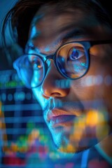 A person sitting in front of a computer screen with glasses on, focusing on the display