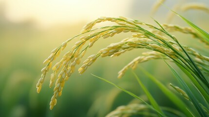 A close-up of golden rice grains swaying gently in a field during sunset.