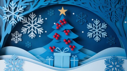 Festive Paper Art Scene with Christmas Tree and Snowflakes. Vibrant paper art depicting a Christmas tree adorned with red ornaments, surrounded by snowflakes, evoking a winter wonderland.